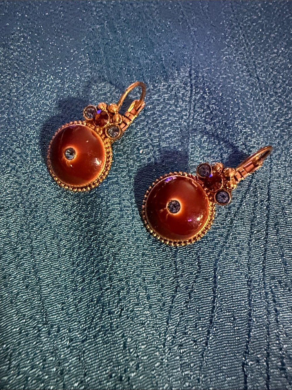 Gold-Tone Brown Cabochon Drop Earrings with Accent Crystals